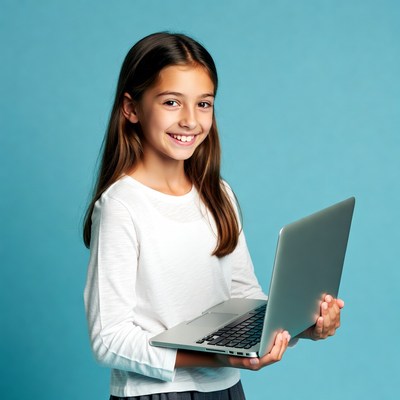 Girl holding laptop on blue background