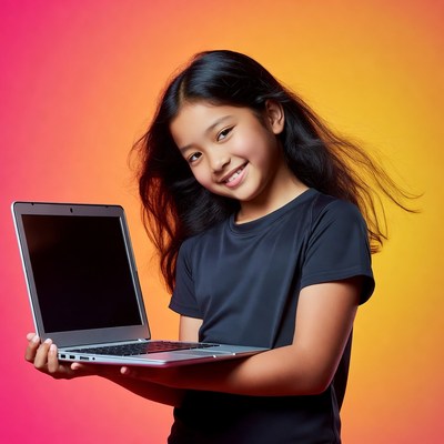 Asian girl holding laptop