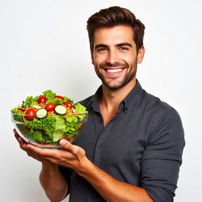Handsome man holding fresh salad