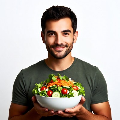 Man holding fresh salad bowl