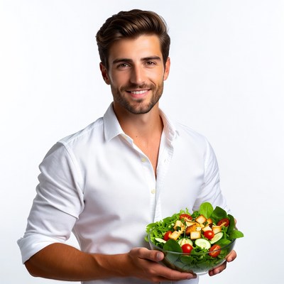 Handsome man holding fresh salad