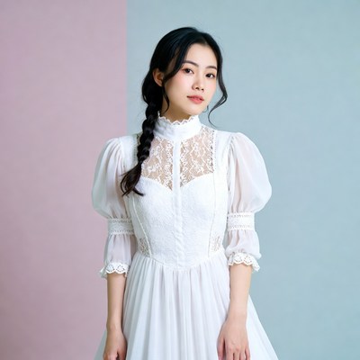 Asian woman in white lace dress
