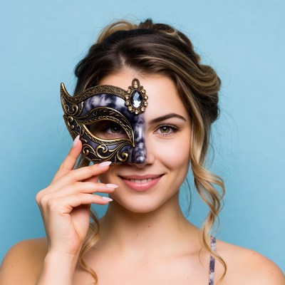 Woman holding Venetian mask