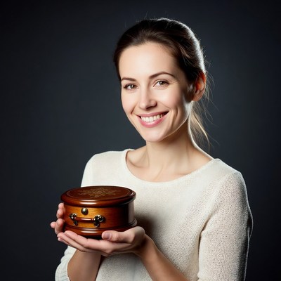 Smiling woman holding wooden box