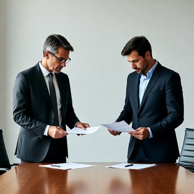 Two businessmen reviewing documents