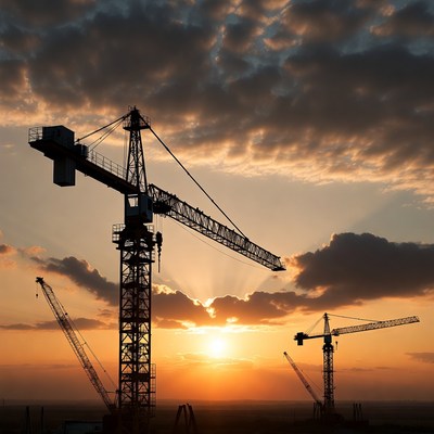 Construction Cranes at Sunset