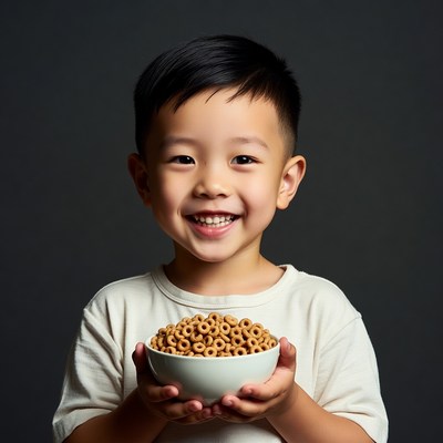 Asian boy holding cereal bowl