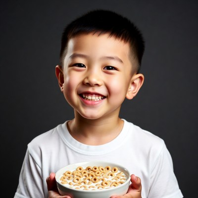 Asian boy holding cereal bowl