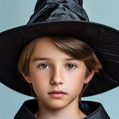Boy wearing pointed black witch hat