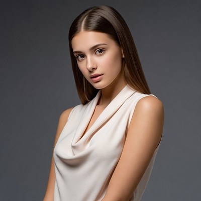 Young woman in white draped top
