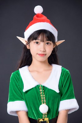 Asian girl in Santa elf costume