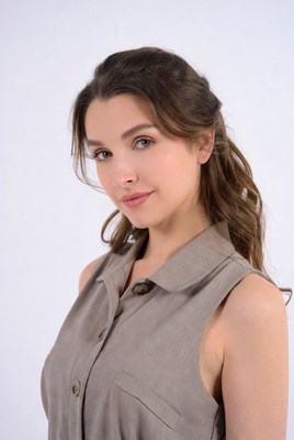 Woman in beige sleeveless blouse