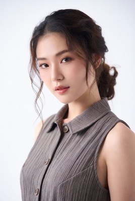 Asian woman in gray sleeveless shirt