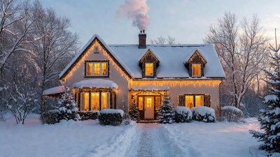 Christmas Lights House in Snow