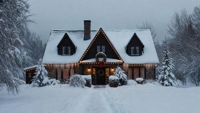 Snowy Christmas House with Lights