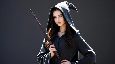 Woman in witch costume holding wand