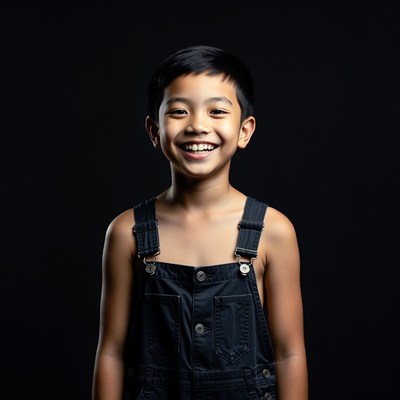 Asian boy smiling in denim overalls