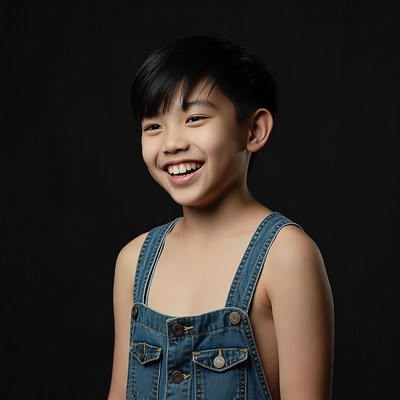 Asian boy smiling in denim overalls
