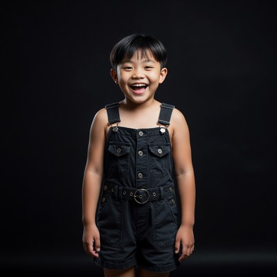 Asian boy smiling in black overalls