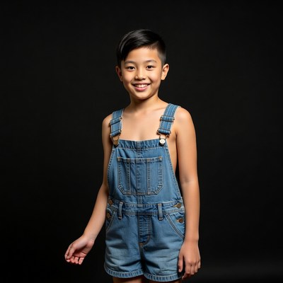 Asian boy in denim overalls shorts