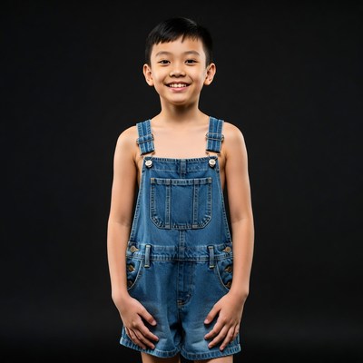 Asian boy in blue overalls smiling