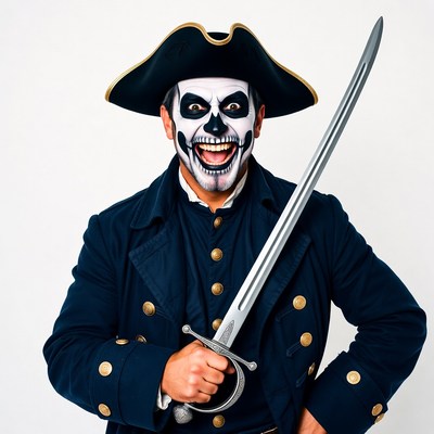 Man in pirate skull makeup with sword