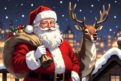 Santa Claus with Reindeer on Rooftop