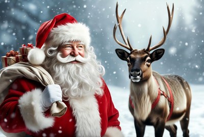 Santa Claus with Reindeer in Snow