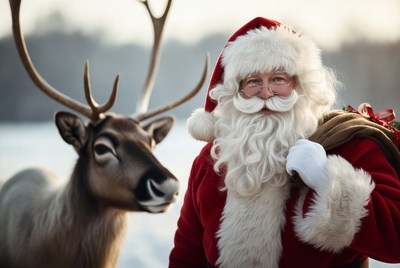 Santa Claus with reindeer in snow