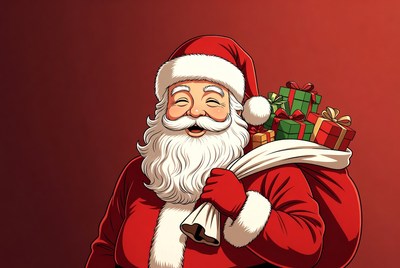 Smiling Santa Claus holding gift sack