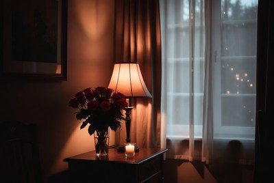 Red Roses on Nightstand by Lamp