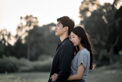 Asian couple embracing outdoors
