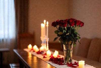 Red Roses and Candles on Table