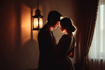 Asian couple gazing lovingly in silhouette