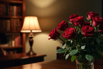 Red Roses in Vase on Table