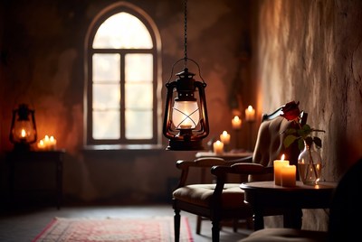 Cozy Room with Hanging Lantern and Candles