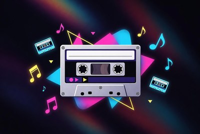 Retro cassette tape with music notes