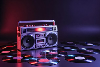 Silver Boombox with Vinyl Records
