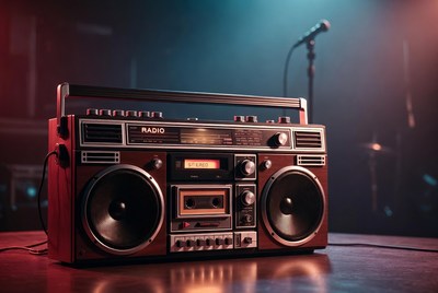 Vintage Boombox on Stage with Microphone
