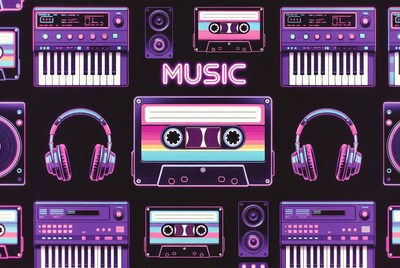 Neon Synthwave Music Equipment Illustration