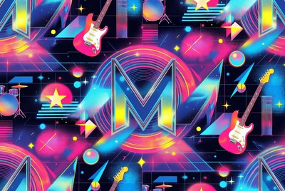 Neon Synthwave Music Pattern with Guitars