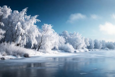 Snow-Covered Trees by Frozen Lake