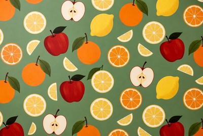 Colorful Fruit Pattern on Green Background