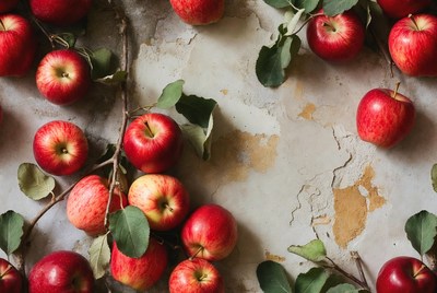 Red Apples with Leaves on Rustic Surface