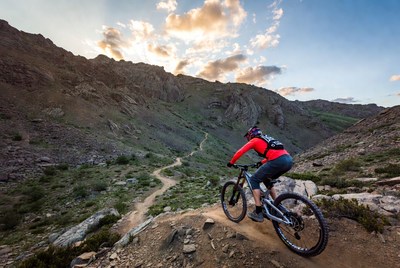 Woman mountain biking rugged trail