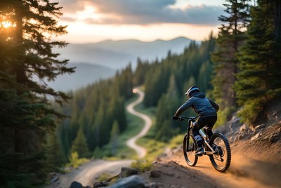 Mountain biker riding trail at sunset