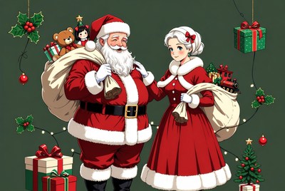 Santa Claus and Mrs. Claus with toys