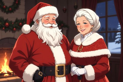 Santa Claus and Mrs. Claus by fireplace