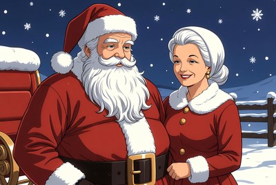 Santa Claus and Mrs. Claus on Sleigh