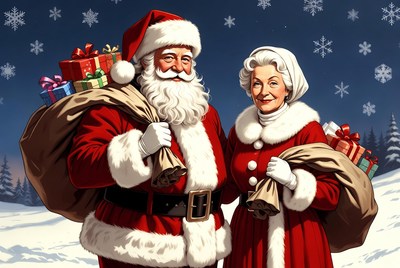 Santa Claus and Mrs. Claus with gifts